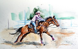 Rider with her horse - watercolor painting/ Lovas a lovával - akvarell festmény