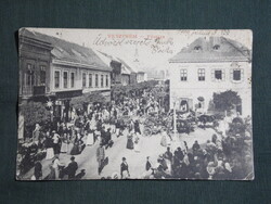 Képeslap,Veszprém,Főutca,piac,vásári forgatag,üzletek,hintó látkép,részlet,S. D. M. kiadás,1909-