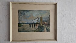 Újhelyi Gábor Festmény 30x43 cm Dunapart.