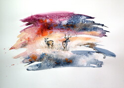 Deer in the fall - watercolor painting/ Őzek az őszben  akvarell festmény