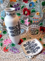 Retró,  nagyon ritka mintás Hollóházi porcelán váza és tálka szett