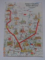 Régi MALÉV térképes képeslap, postatiszta -  Bp.- Prága - Berlin, Bp. - Warszawa (1966)