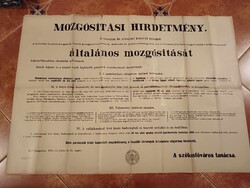 Mozgósítási hirdetmény, Első Világháborús 1914 július 31.-i, általános mozgósítás, plakát