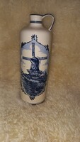 Retró kék-fehér holland Blue Delft jelzésű Bols italos palack, 25 cm, kézi festésű