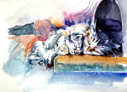 Sleeping cats - watercolor painting/ Alvó cicák -   akvarell festmény