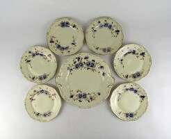 1U200 Kék búzavirág mintás vajszínű Zsolnay porcelán süteményes készlet