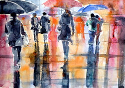 People at rain - watercolor painting/ Emberek az esőben -   akvarell festmény