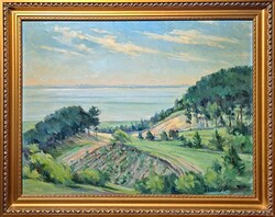 Balatoni panoráma (olajfestmény arany keretben) Várady Lajos festménye - Váradi Lajos