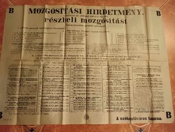 Mozgósítási hirdetmény, részbeli mozgósítás 1914-ből, első Világháború előtt 2 nappal, plakát