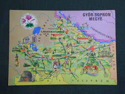 Képeslap,térképes,Gőr Sopron megyei idegenforgalmi hivatal,Csorna,Lébény,Rajka,Hédervár,1973-