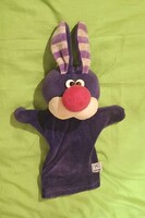 Kék nyuszi kesztyű báb, fülével együtt 35 cm, kéznél 22 cm, test 11 cm széles