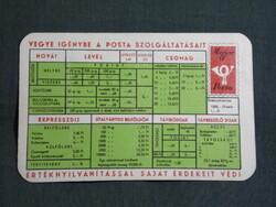 Kártyanaptár,Magyar Posta,Díjtáblázat  1961   (9)  ,sérült,