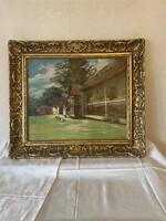 Szontágh Tibor festmény parasztudvar  olaj/vászon méret:  60x50+Keret