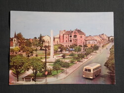 Képeslap,Mosonmagyaróvár,Városkapu tér,emlékmű,park,autóbusz látkép,részlet, 1969-