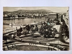 Régi képeslap Budapest, Széchenyi István tér-Dunaparti részlet régi autókkal-buszokkal 1959