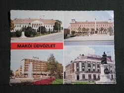 Képeslap,Makó,mozaik,Gimnázium,Tanácsháza,Városháza,hotel,emlékmű látkép,részlet, 1983-