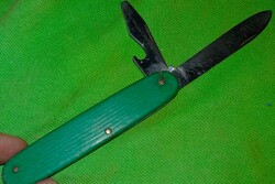 Antik zöld bakelitnyelű szénacél GML bicska bontóval kinyitva 19 cm a penge 8 cm a képek szerint