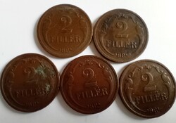Magyarország 2 Fillér 5 db együtt 1934 - 40 évjárat