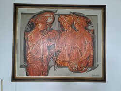 NAGY MÉRETŰ!  100 x 123 cm Xantus Gyula: Vendégelés című olaj, farost festmény
