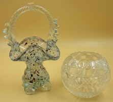 Retró kézműves üvegkosár 20 cm magas, + üveg cukortartó 8,5 cm magas