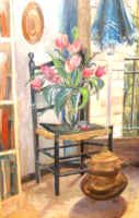 TAVASZI ÁRESÉS ! GARANTÁLTAN EREDETI CSODÁS TOKAY ILONA / 1907-1988 / VIRÁGCSENDÉLET KÉPCSARNOKOS