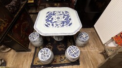 Kínai mázas kerámia sárkányos teaasztal + 4 db dobszék, keleti, ázsiai, japán, tea szertartás