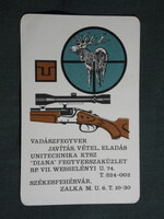 Kártyanaptár,Unitechnika,sport,vadász,horgászbolt,Budapest,grafikai rajzos,vadászfegyver,1970   (9)