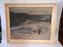 Szignált Szegvári Károly (1920-2002) zsűrizett szánkózó gyerekek téli táj olaj, vászon festmény