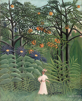 Henri Rousseau Nő sétál az egzotikus dzsungelben reprodukció vászonkép nyomat erdő fehér ruhás hölgy