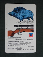 Kártyanaptár,Unitechnika,sport,vadász,horgászbolt,Budapest,grafikai rajzos,vadászfegyver 1971   (9)