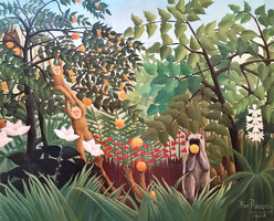 Henri Rousseau Egzotikus tájkép festmény reprodukció vászonkép nyomat erdő majom majmok narancs
