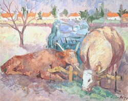 Hegyi György: Tehenek, háttérben autóval (olajfestmény) Vas megyei faluban - szocreál festmény