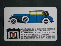 Kártyanaptár,Unitechnika KTSZ Budapest,Akkumulátor eladás,grafikai veterán autó, 1972   (9)