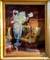 Csendélet festőkészlettel. 76x62 cm külső méretű  Boldizsár kép ,tanúsítvánnyal, valódi érték alatt.