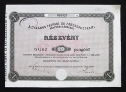 Általános Faipari és Fakereskedelmi Részvénytársaság részvény 20 pengő 1926