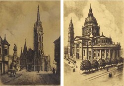 1U979 Ismeretlen művész: Budapesti látképek Mátyás-temlom és Szent István Bazilika rézkarc pár