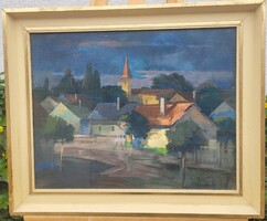 Tápay Lajos (1900-1964) - Utcarészlet Templommal Olaj-Farost Festmény