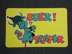 Kártyanaptár,Magyar Tejipari vállalatok, grafikai rajzos, humoros, tehén,1985   (9)