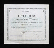 Gottschlig Ágoston Részvénytársaság 5x részvény letéti jegy 1923