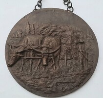 Paraszti témájú jelzett bronz falikép - ökörfogat