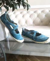 Pavers 39-es valódi bőr cipő, velúr, türkizkék sportos, lapos loafer