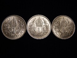 3 db  kiváló tartású I. Ferencz József  ezüst 1 Korona  együtt