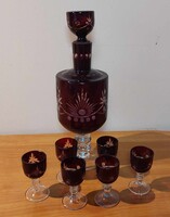Likőrös készlet csiszolt, bordó antik ólomkristály, 1 palack + 6 pohár