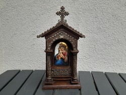 1,-Ft Gyönyörű Neogótikus két oszlopos meseszép antik fa és ezüstözött szerelékes házi oltár