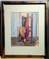 Műterem, szép keretben! "B" azonosítatlan szignóval, 1959? - olajkréta technika - festőállvány