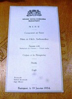 MENÜKÁRTYA 1934 GRAND HOTEL HUNGARIA BUDAPEST