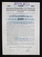 Rt. Villamos és Közlekedési Vállalatok Számára kölcsönkötelezvény 200 korona 1909