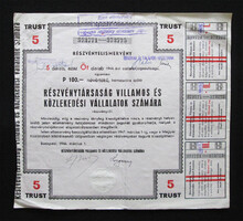 Rt. Villamos és Közlekedési Vállalatok Számára részvényelismervény 5x100 pengő 1946