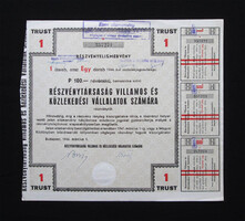 Rt. Villamos és Közlekedési Vállalatok Számára részvényelismervény 100 pengő 1946