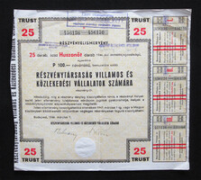 Rt. Villamos és Közlekedési Vállalatok Számára részvényelismervény 25x100 pengő 1946